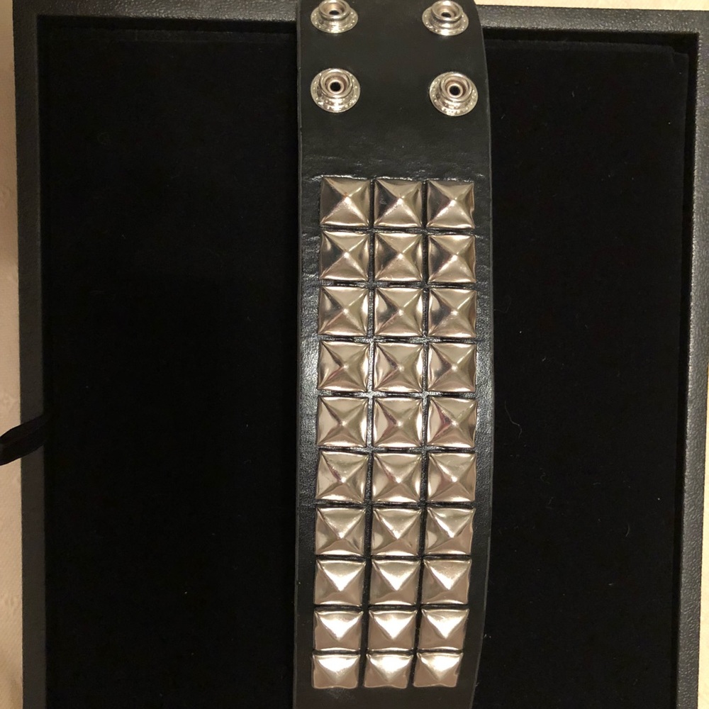 Stud Black Leather Cuff Bracelet Size S/M